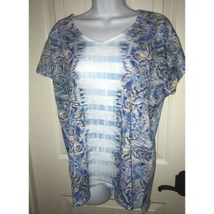 Chico's V-Neck Cap Sleeve Tropical Blues Polyester Slub Tunic Sz 2 (LARGE) EUC
